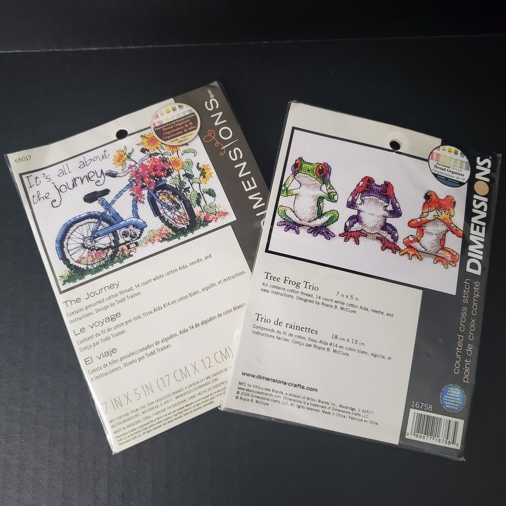 Dimensions 7x5 Inch Embroidery Kit Lot Of 2 - Tree Frog Trio, The Journey Bike